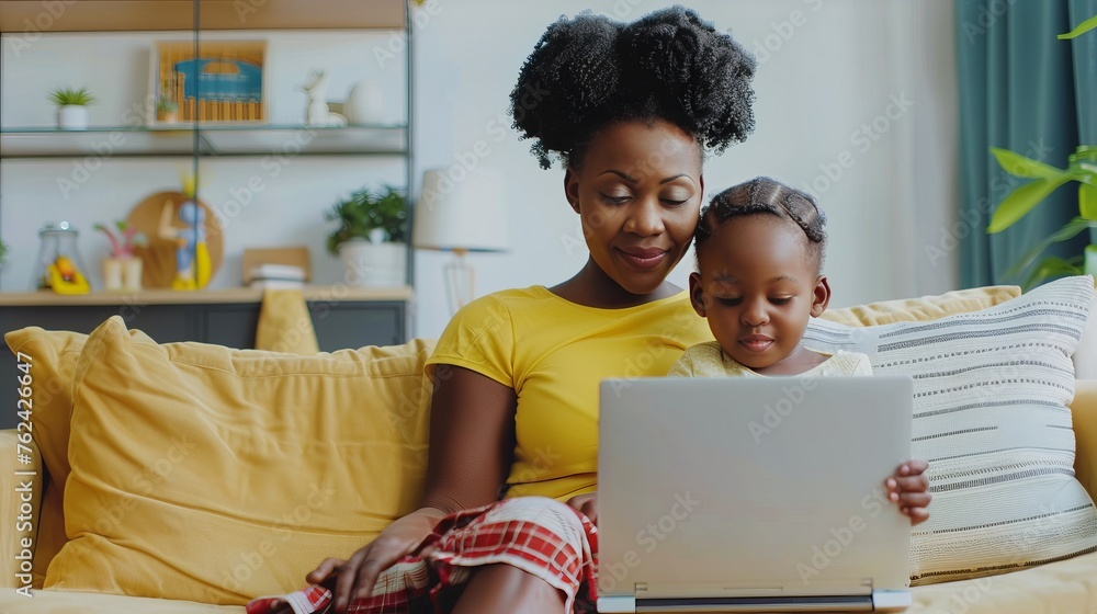 Fototapeta premium A woman and a child are sitting on a couch, looking at a laptop