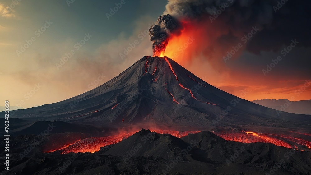 Volcano erupting with lava and ash