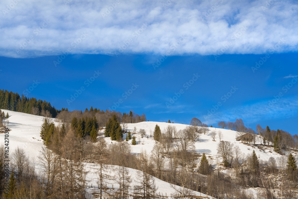 A tranquil winter alpine landscape with snow-capped hills and green trees under blue skies is perfect for the theme of serenity, nature and winter beauty