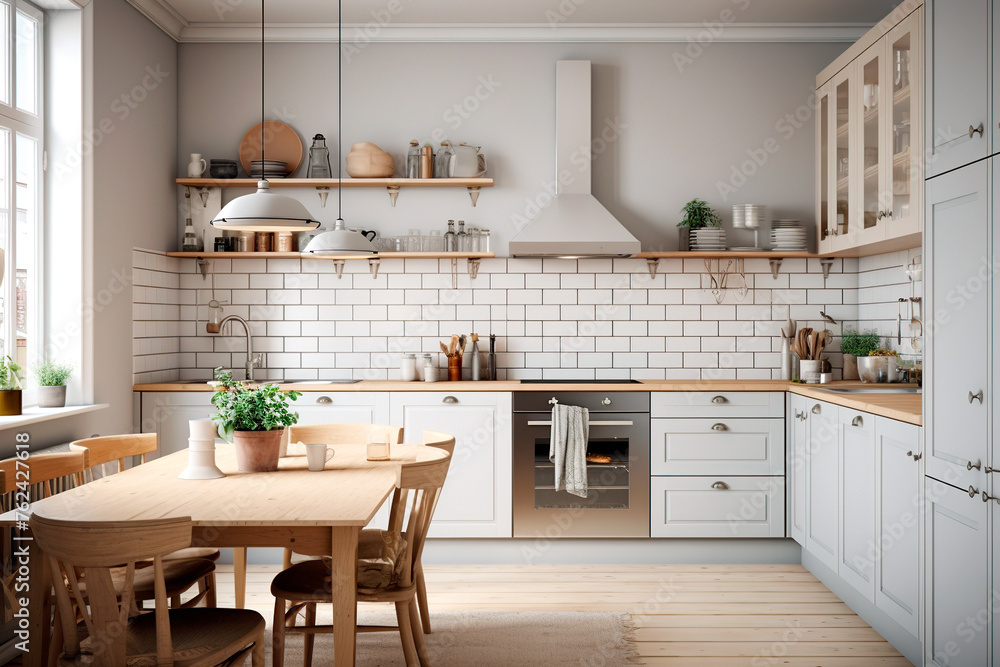 A functional, stylish kitchen Scandinavian design. Modern light marble wood. 