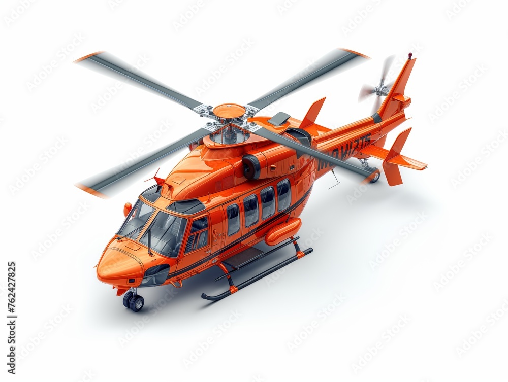 Orange rescue helicopter in flight, aerial vehicle photography, emergency services from above, isolated on white background Orange rescue helicopter in flight, aerial vehicle photography, emergency services from above, isolated on white background