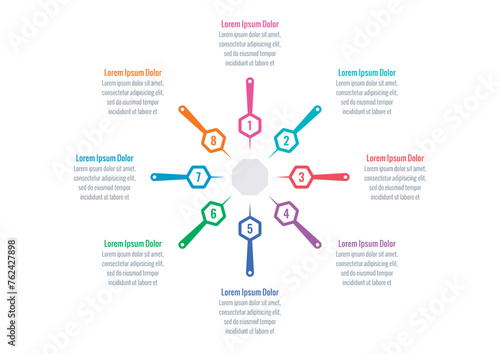 eight options briefing template. Infographic template for industry, business, energy, technology, science. hexagon infographic template. annual report, informational template for magazine