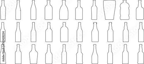 diverse wine bottle outline on white background. Minimalist bwine bottle outline vector, Ideal for beverage branding, wallpaper, or wrapping paper. Unique bottle shapes and sizes, black outlines