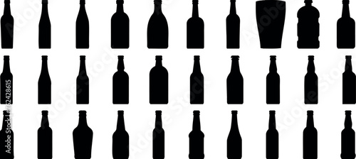 wine bottle silhouette, diverse bottles, stark contrast against white background, ideal for wine, beverage industry designs, and artistic applications