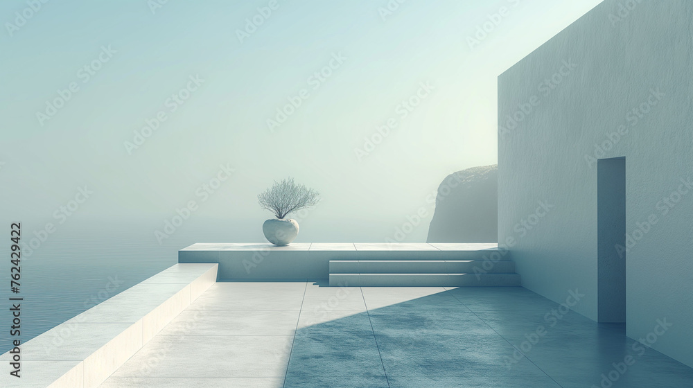 Obraz premium White minimal architecture building with view on the sea. Marble floor and wall. Background empty wide space for mock up, 