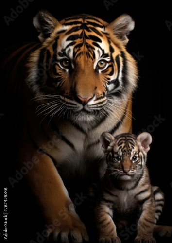 Portrait of tiger with cub against a black background 