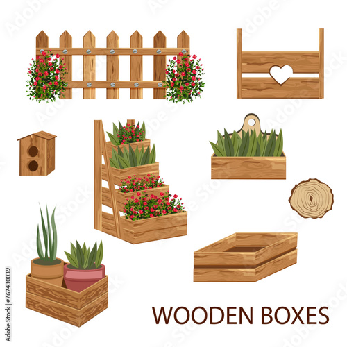 Greenhouse eco farm agriculture vector illustration set. Cartoon  garden equipment or plants collection, wooden boxes with herbs, vegetables, agricultural technology isolated on white