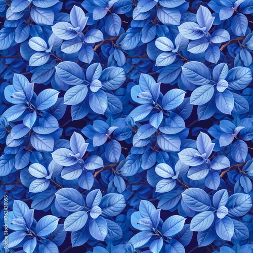 Seamless pattern of blue leaves on a dark background, suitable for fabric or wallpaper design.
