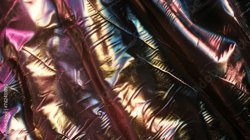 Close-up of crinkled pleather with a vivid holographic sheen, creating a dazzling array of colors and textures. photo