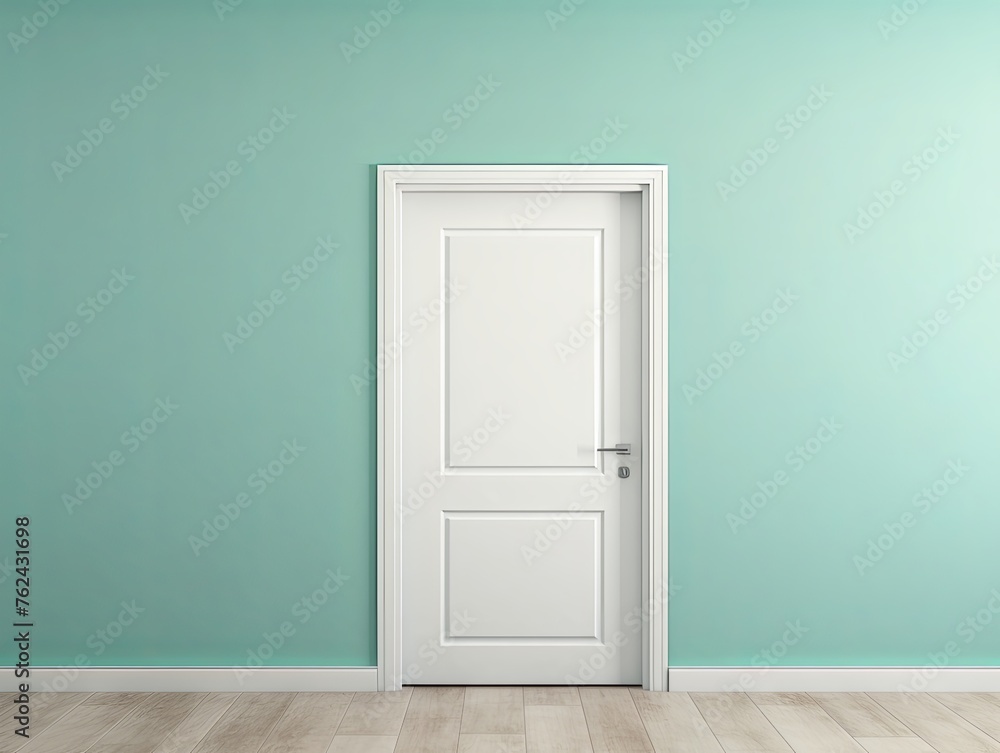 Fototapeta premium A white door next to a light turquoise wall