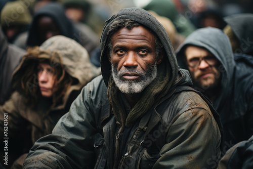 A close-up portrait of a dignified, dark-skinned homeless individual sitting on a sidewalk in an urban setting, looking directly at the camera with a sense of resilience and strength amidst adversity.