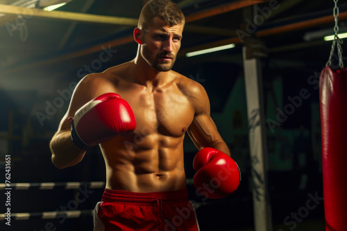 Powerful, shirtless boxer poses in a gritty gym environment, exuding strength and determination. This image conveys fitness and the embodiment of raw power in boxing. © Yuliia