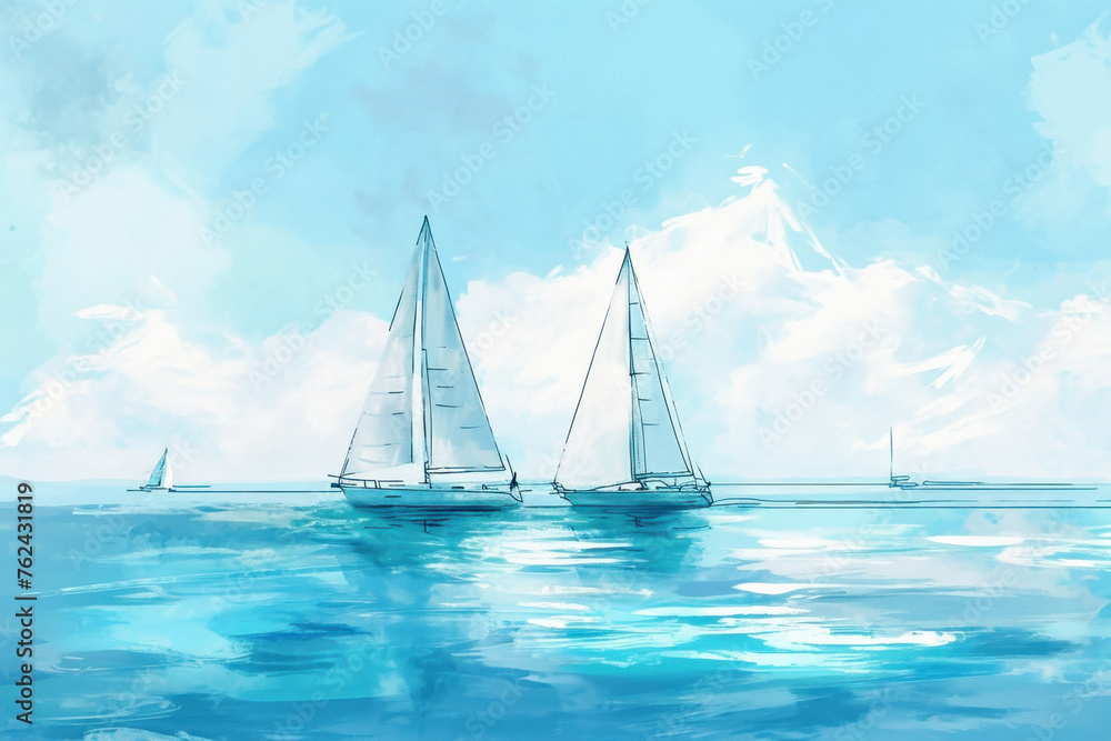 Obraz premium Watercolor painting of sailboats on the ocean with clouds in the background