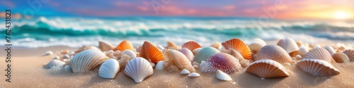 Abstract midsummer illustration of seashell on the seashore or ocean. Abstract background for design, place for text.