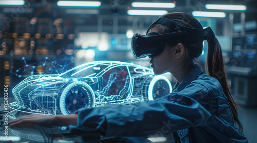 Female engineer interacts with a holographic car projection using virtual reality technology in a high-tech laboratory..