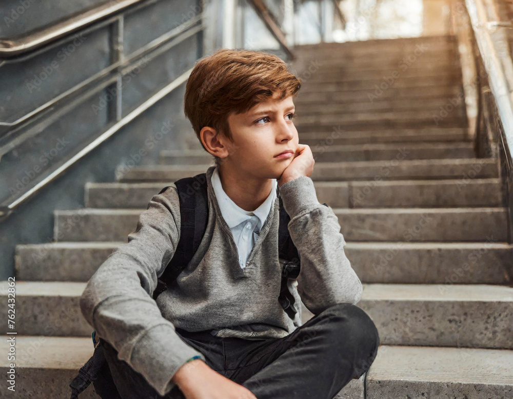 Depressed boy sitting alone at stairs victim of school bullying mental problems in childhood Depressed boy sitting alone at stairs victim of school bullying mental problems in childhood