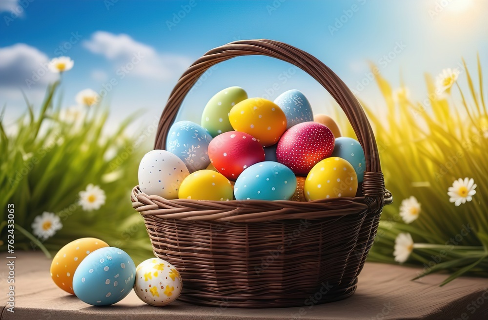 happy Easter. The banner. Colorful eggs in a basket. Horizontally. An atmospheric, beautiful, stylish postcard. Easter holiday. Blue sky, flowers. Horizontally. happy Easter. The banner. Colorful eggs in a basket. Horizontally. An atmospheric, beautiful, stylish postcard. Easter holiday. Blue sky, flowers. Horizontally.