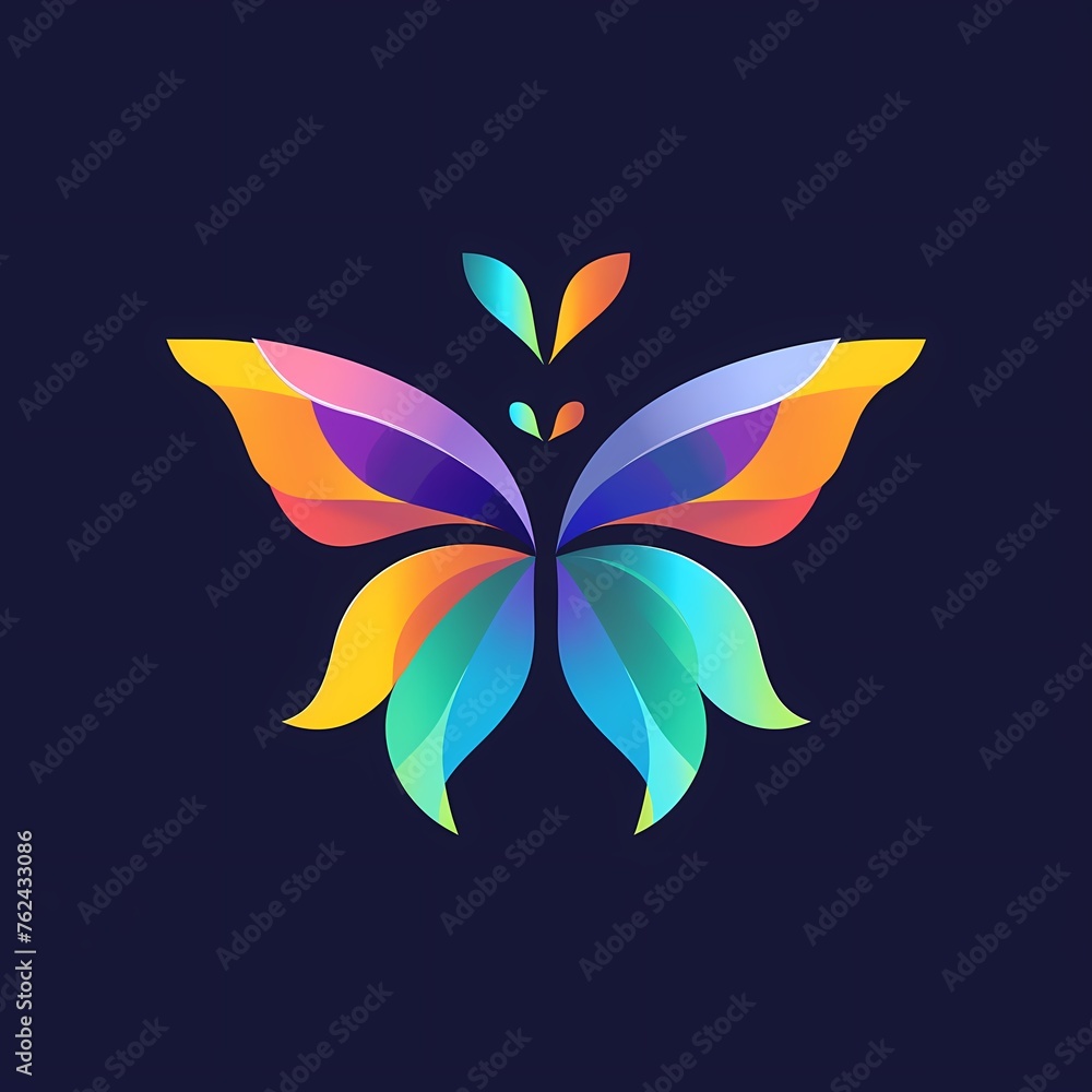 An eye-catching flat illustration vector logo of a graceful butterfly, adorned with a palette of vibrant and harmonious colors.