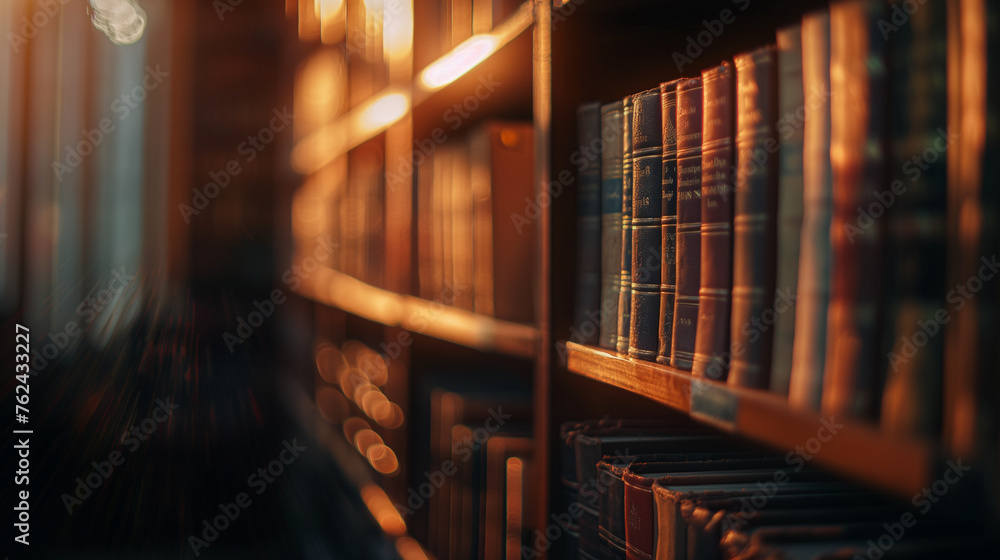 An atmospheric perspective of a library's blurred bookshelf, where the play of light and shadow across the volumes invites curiosity and the pursuit of learning, with copy space