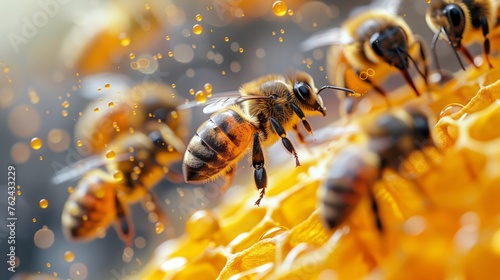 Honey bees pollinating and fly by the honeycomb: Close-up of bees on a bright flower with pollen and honey drops photo