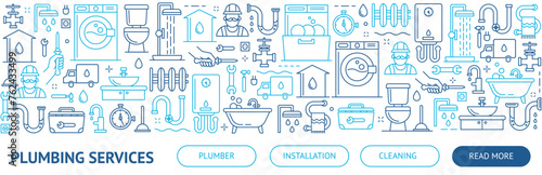 Plumbing Services Banner. Home repair. House maintenance. Flyer, booklet, leaflet print design with linear illustrations