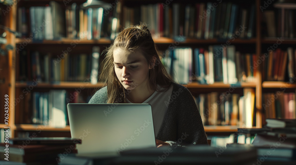 A candid moment of a young woman typing on her laptop at a library desk, surrounded by stacks of reference books for her research, the soft shadows cast by the natural light creati A candid moment of a young woman typing on her laptop at a library desk, surrounded by stacks of reference books for her research, the soft shadows cast by the natural light creati