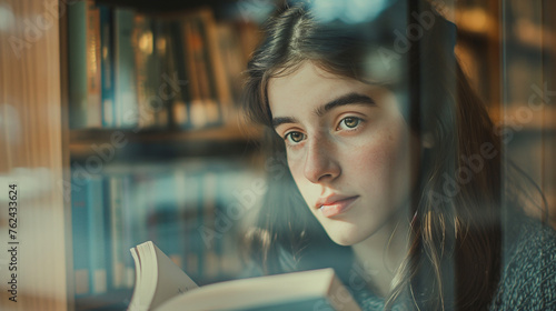 A young woman immersed in reading a book by the window in the school library, the natural light highlighting the focus and tranquility on her face, with the shelves of books blurre photo