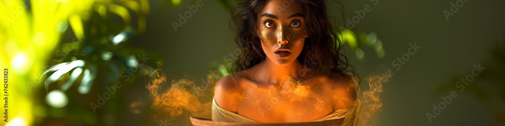 Enigmatic woman surrounded by mystic flames: panoramic banner with captivating portrait of a shaman woman with a mysterious expression among ethereal fire