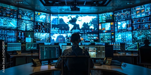 Central Operations Hub: Monitoring Military Communications for Security Surveillance and Control. Concept Security Surveillance, Military Communications, Central Operations Hub, Monitoring, Control photo