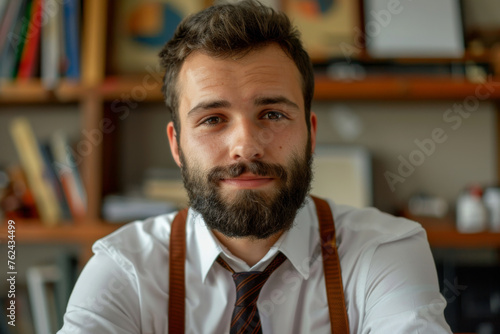 Approachable young man with a beard smiling at his desk in a well-lit office © AI Dev Studio