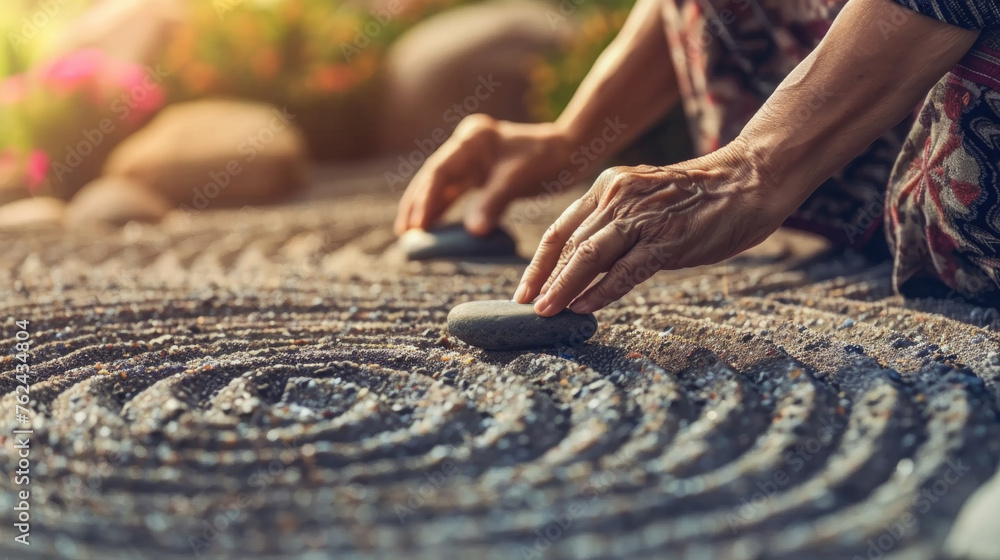 Obraz premium A person is touching a rock in a garden setting, showcasing a connection with nature and the elements