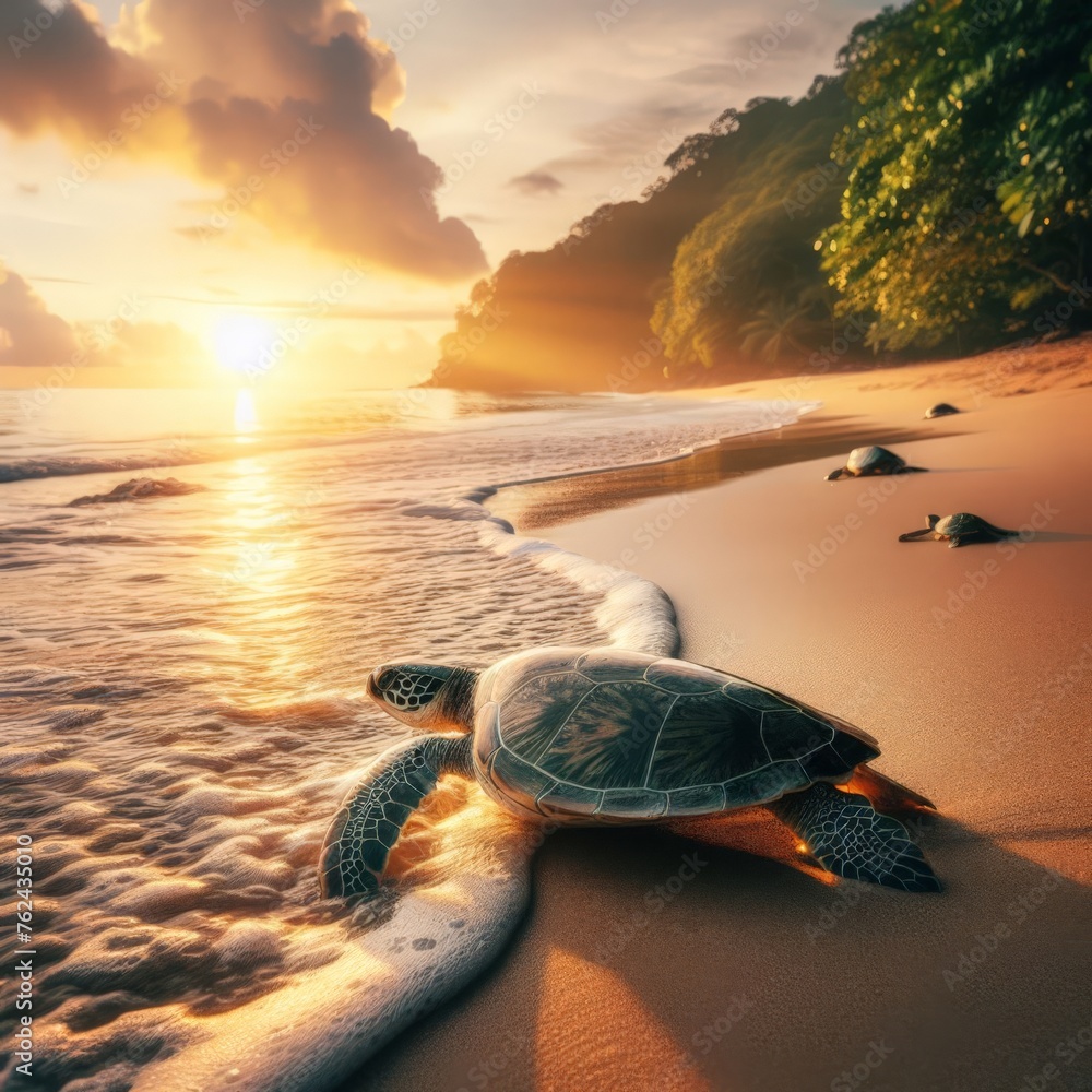 Turtles set out to sea, against a sun set backdrop
