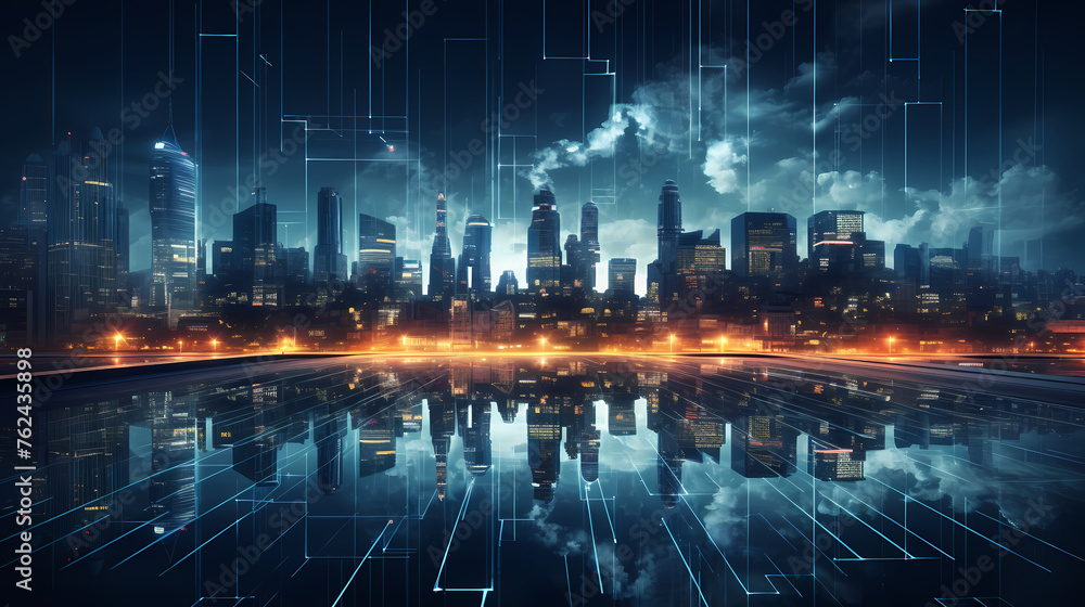 Fototapeta premium Modern city panorama abstract concept of internet