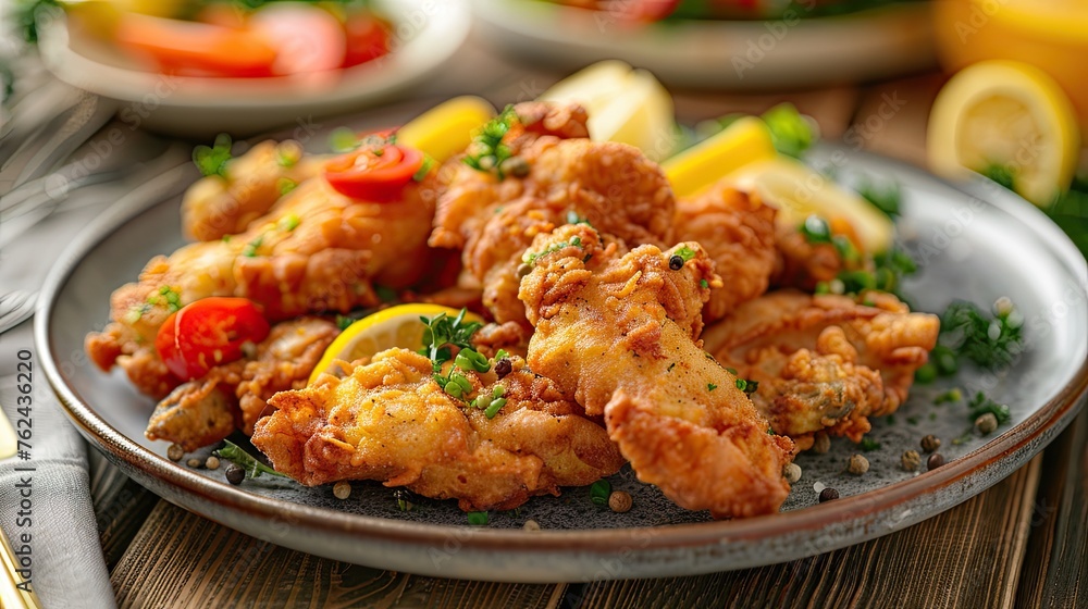 Dish with delicious fried and breaded fish.