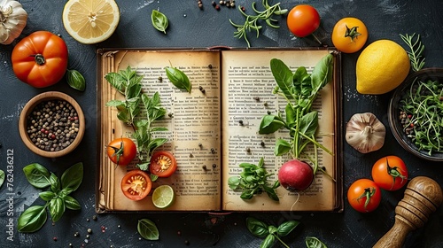 An open book covered with some foods, recipe book concept. photo