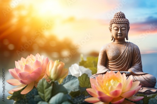 Buddha statue. background blurred flowers and sky with the light of the sun and copy space - generative ai