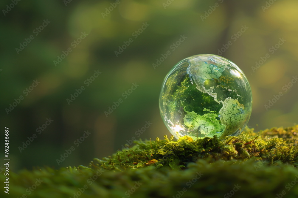 A glass globe, a glass model of the planet rests on moss. Banner concept for Earth Day A glass globe, a glass model of the planet rests on moss. Banner concept for Earth Day