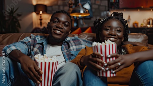 Young African American couple sitting happily on the couch, eating popcorn.
