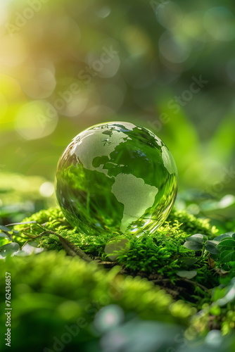 A glass globe, a glass model of the planet rests on moss. Banner concept for Earth Day