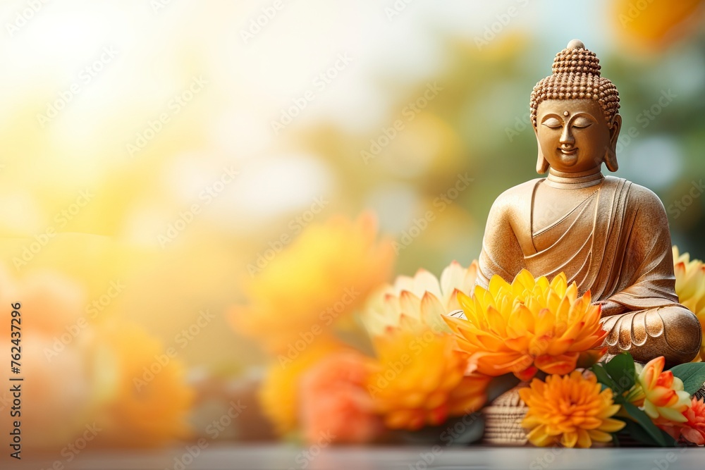 Buddha statue. background blurred flowers and sky with the light of the sun and copy space - generative ai