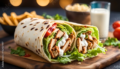 Shawarma Chicken sandwich fresh roll of, Grilled Chicken and salad tortilla wrap with white sauce
 photo
