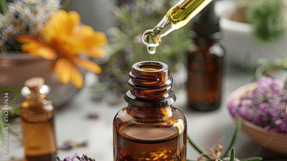 A dropper pours drops of essential oils into a bottle. A dropper pours drops of essential oils into a bottle.