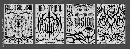 Set Of Neo Tribal Posters. Cyber Sigilism Tattoo Shape Placards. Cool Metal Album Covers.