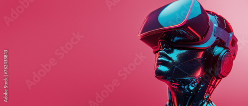 A cybernetic robot wearing a virtual reality headset is showcased on a monochromatic pink background, highlighting technology and AI