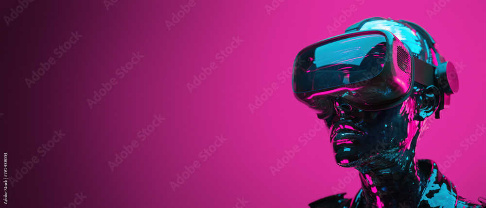 A futuristic human-like figure wearing a VR headset, posed against a magenta background, symbolizes the advance in modern technology A futuristic human-like figure wearing a VR headset, posed against a magenta background, symbolizes the advance in modern technology