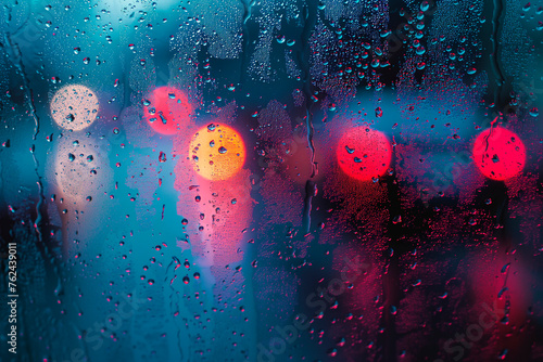 Close-up photograph capturing pristine  water droplets delicately on a blurred glass surface, with a background illuminated by multicolored lights photo