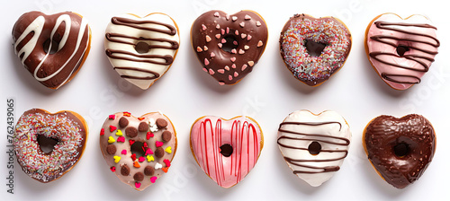 Set of Heart-shaped donuts isolated on white background