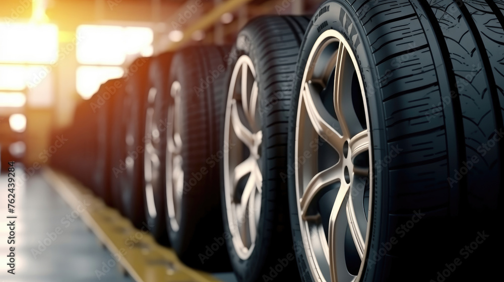 Fototapeta premium Tire Shop Interior, Auto Repair Service Center with Tires on Display