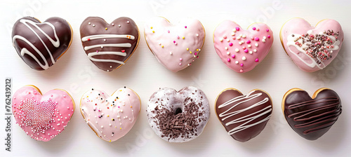 Set of Heart-shaped donuts isolated on white background