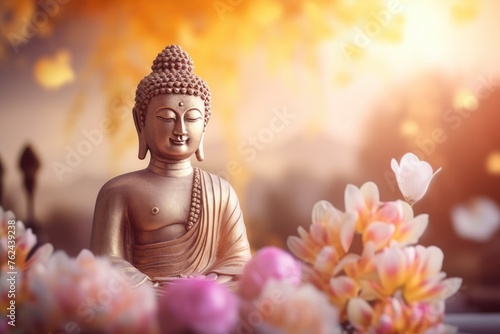 Buddha statue. background blurred flowers and sky with the light of the sun and copy space - generative ai © Nia™